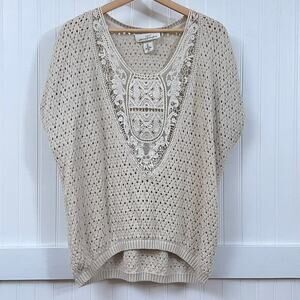 H&M L.O.G.G. Women's Lace Crochet Knit Short Sleeve‎ Sweater Top Beige Size L